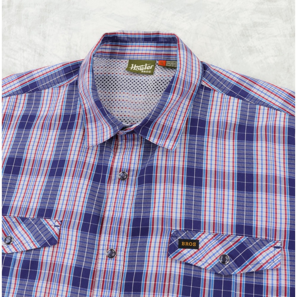 Howler Bros H Bar B Tech Plaid Pearl Snap Shirt Mens XL Blue Red Western Vented